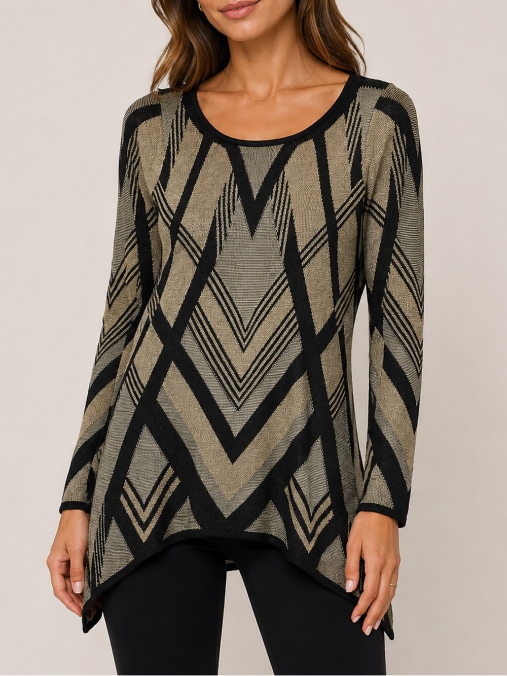 INC International Concepts Geometric Print Sweater Black Tan Pullover Knit XS